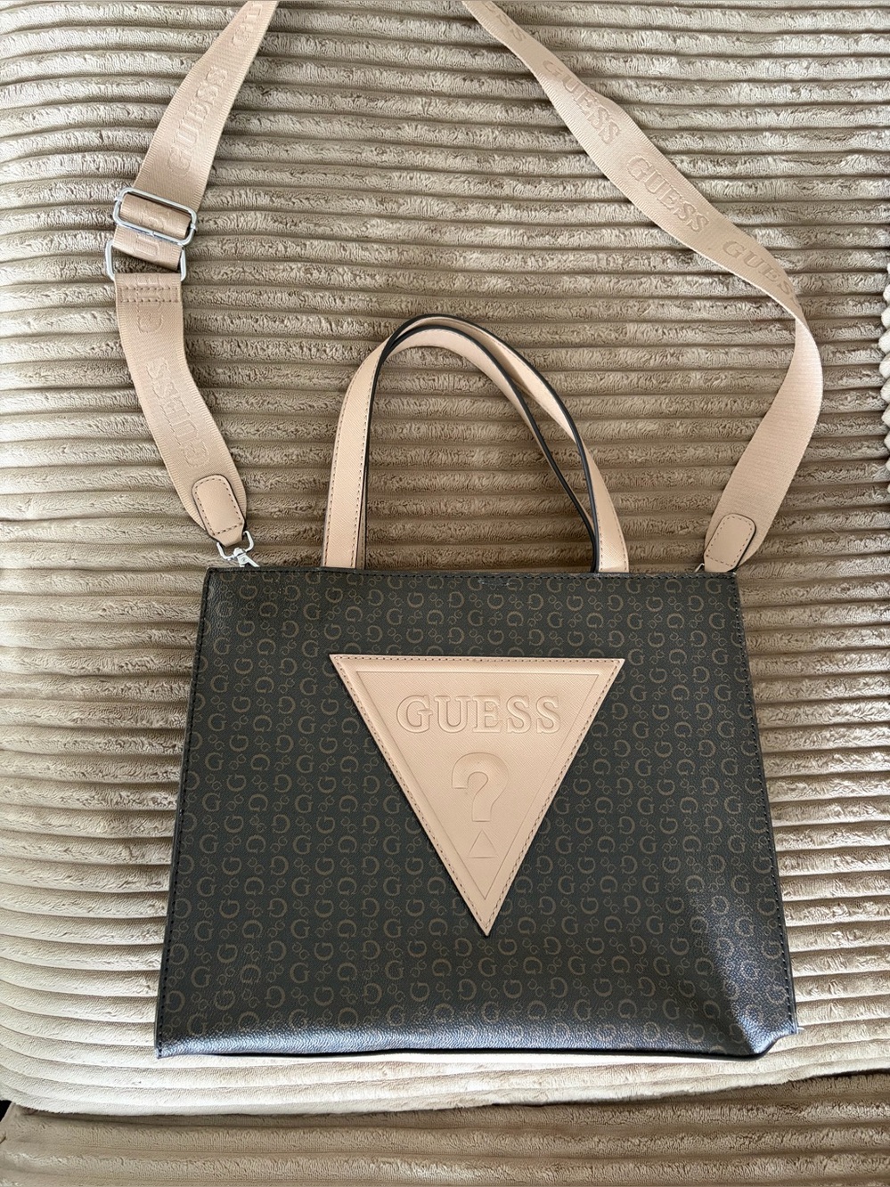 GUESS Brown Monogram Tote with Beige Trim and Strap